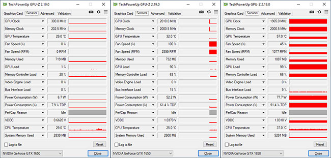 GPU-Z : fréquences de l'ASUS ROG Srix GTX 1650 OC [cliquer pour agrandir]