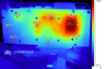 Image infrarouge de l'Asus ROG Strix GTX 1650 OC en charge, plaque arrière démontée [cliquer pour agrandir]