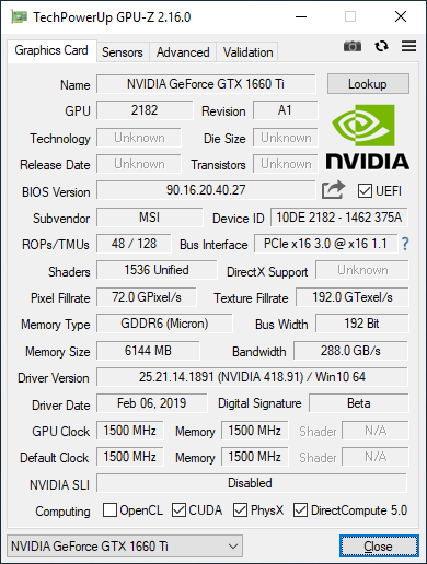 caractéristiques MSI GTX 1660 Ti Gaming X