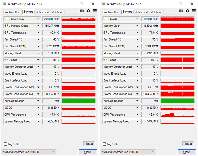 MSI GTX 1660 Ti Gaming X et Palit GTX 1660 Ti StormX overclockées [cliquer pour agrandir]