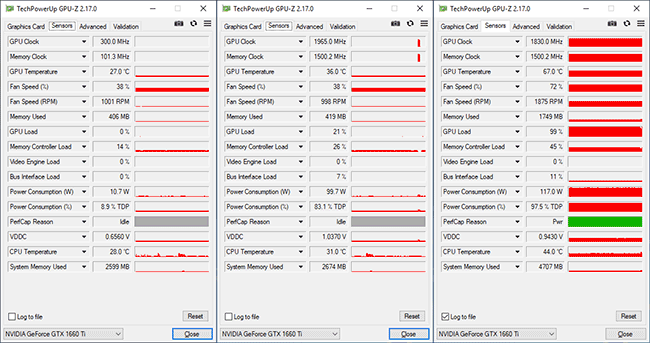 Les fréquences de la Palit GTX 1660 Ti StormX [cliquer pour agrandir]