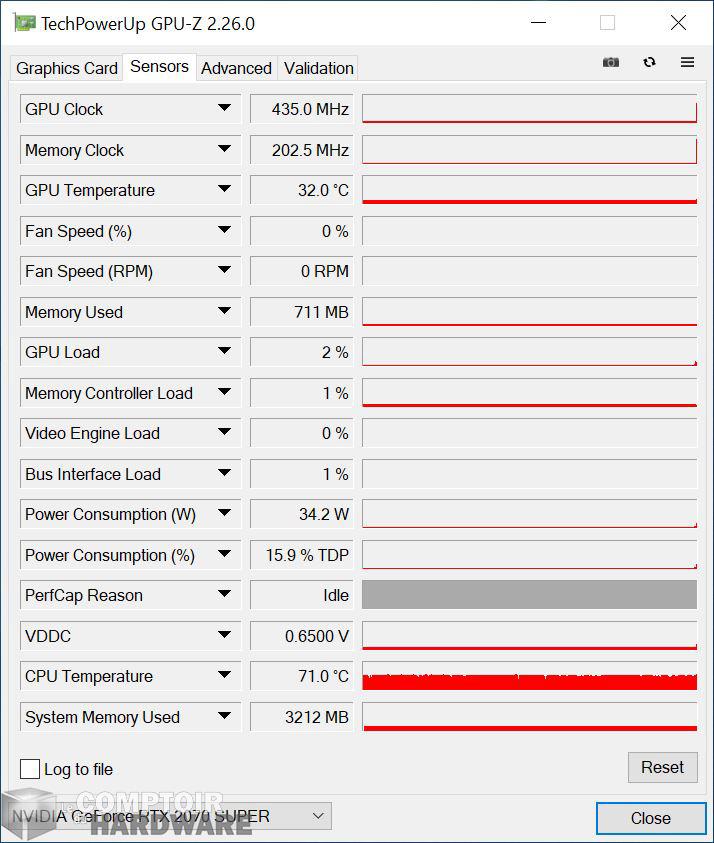 inno3d rtx 2070 super gaming oc x2 - sondes gpu-z au repos