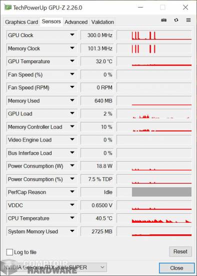 innno3d rtx 2080 super gaming oc x2 - sondes gpu-z au repos [cliquer pour agrandir]