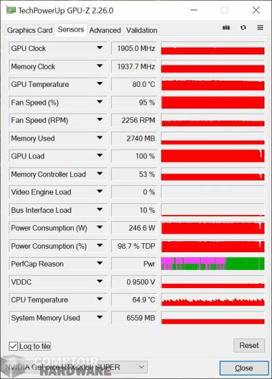 innno3d rtx 2080 super gaming oc x2 - sondes gpu-z en charge [cliquer pour agrandir]