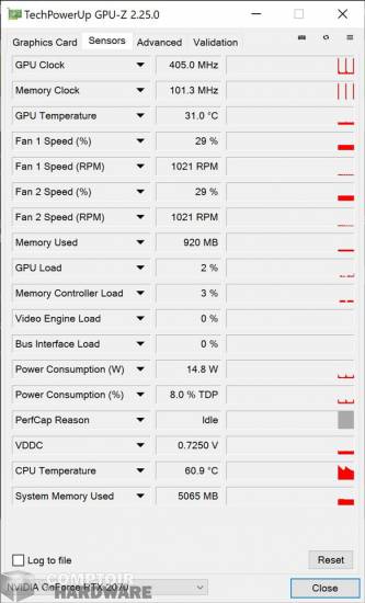 pny rtx 2070 xlr8 gaming oc - sonde gpu-z au repos [cliquer pour agrandir]