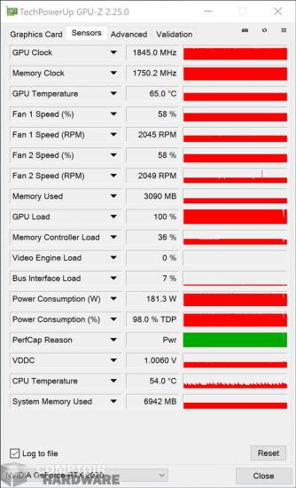 pny rtx 2070 xlr8 gaming oc - sonde gpu-z en charge [cliquer pour agrandir]