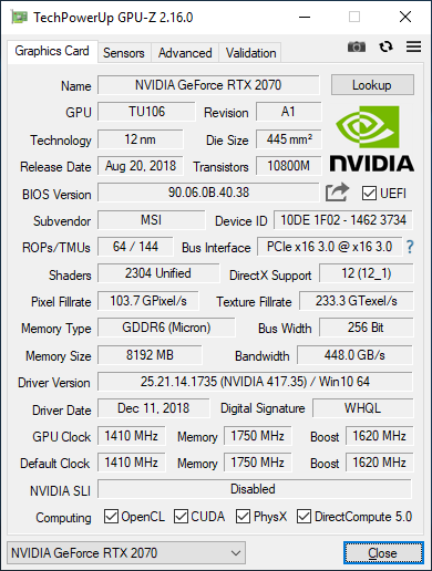 GPU-Z RTX 2070 ARMOR