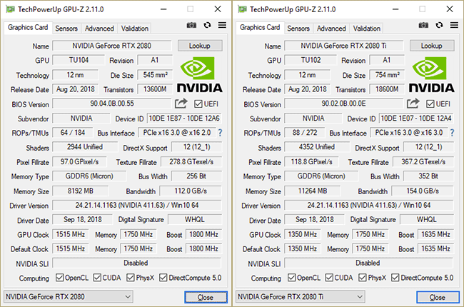 GPU-Z RTX 2080 & 2080 Ti [cliquer pour agrandir]