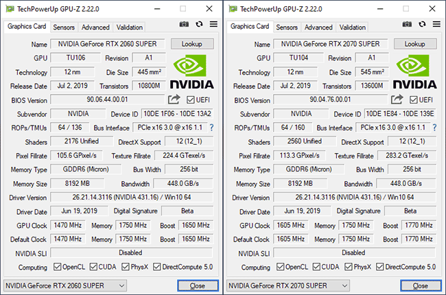 GPU-Z RTX 2060 SUPER & 2070 SUPER [cliquer pour agrandir]