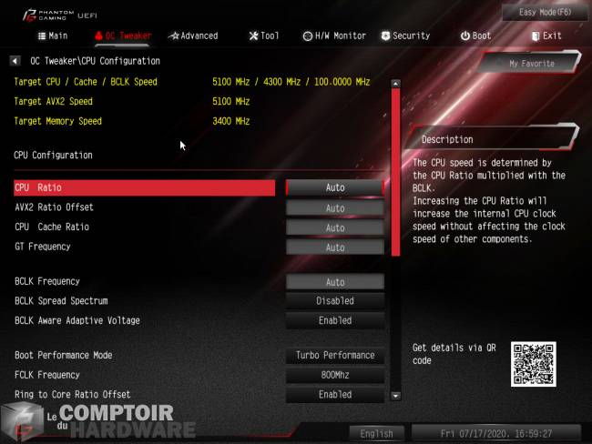 asrock z490 phantom gaming itx tb3 - bios : mode avancé [cliquer pour agrandir]