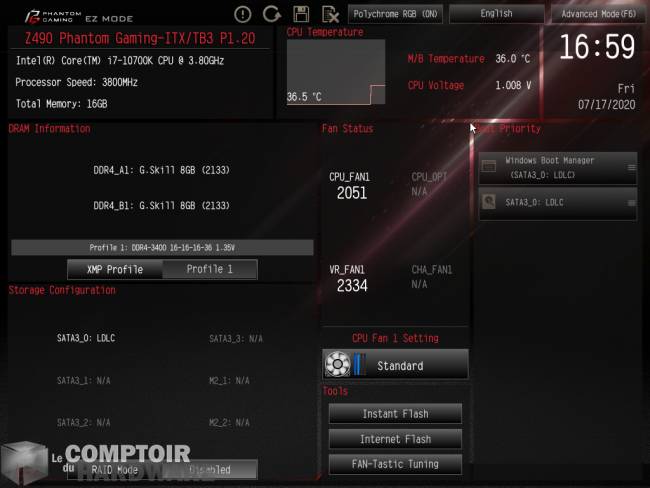 asrock z490 phantom gaming itx tb3 - bios : mode facile [cliquer pour agrandir]