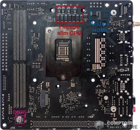 asrock z490 phantom gaming itx tb3 - vue détaillée du PCB : arrière [cliquer pour agrandir]