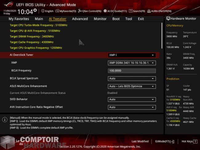 asus rog strix z490-i - interface du bios en advanced mode [cliquer pour agrandir]