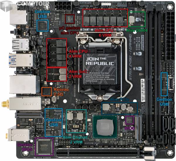 asus rog strix z490-i - vue détaillée du pcb : face avant [cliquer pour agrandir]