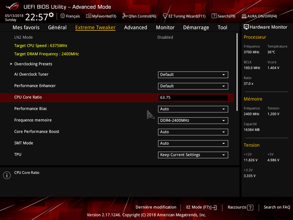 UEFI : Extreme Tweaker Ratio DDR4 coefficients CPU