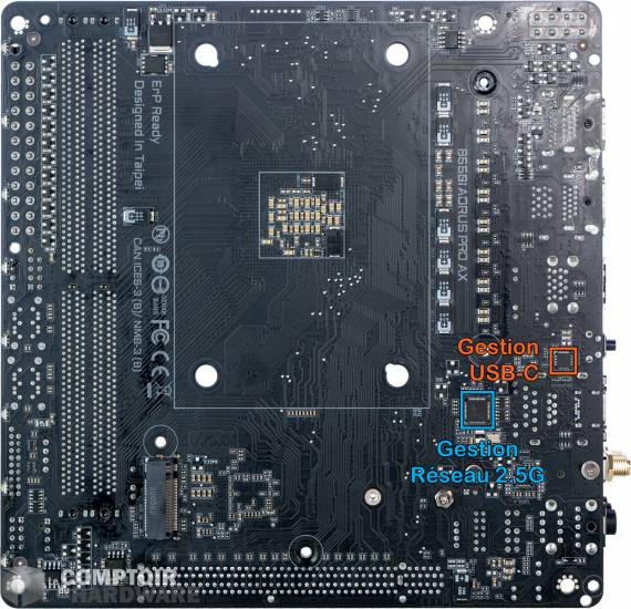 gigabyte aorus b550i pro ax - vue détaillée du pcb : face arrière [cliquer pour agrandir]