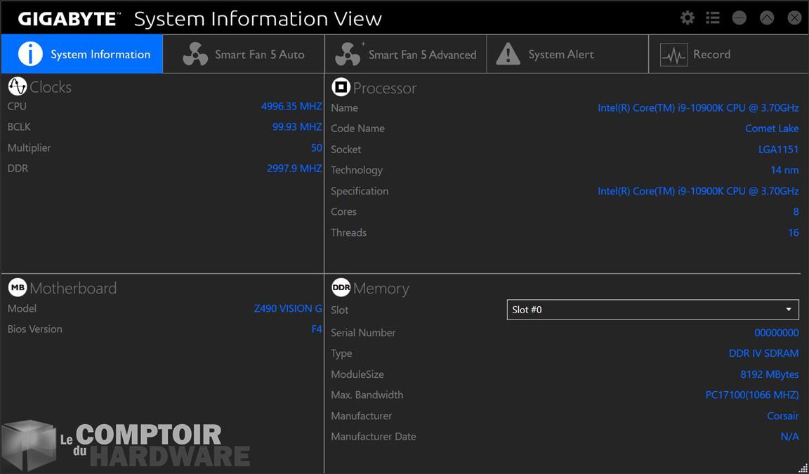 gigabyte z490 vision g - application : siv