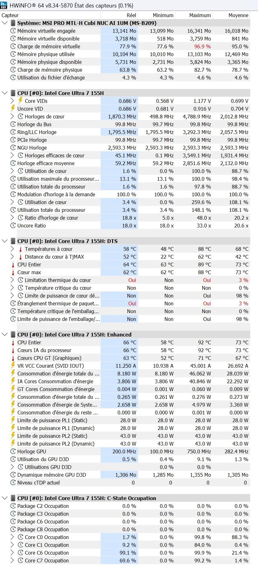 Relevés HWInfo lors du test MT Cinebench 2024 [cliquer pour agrandir]