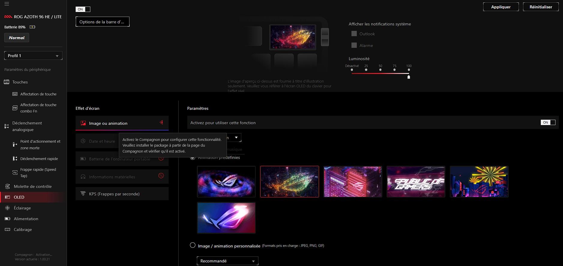 Du genre pour plein de réglages de l'affichage OLED [cliquer pour agrandir]