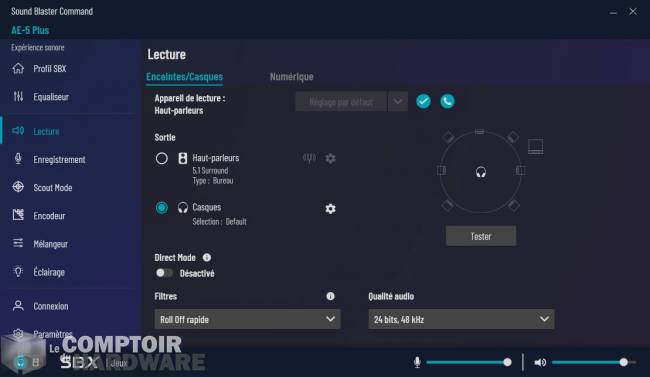 creative sound blasterx ae 5 plus - sound blaster command : gestion des sorties [cliquer pour agrandir]