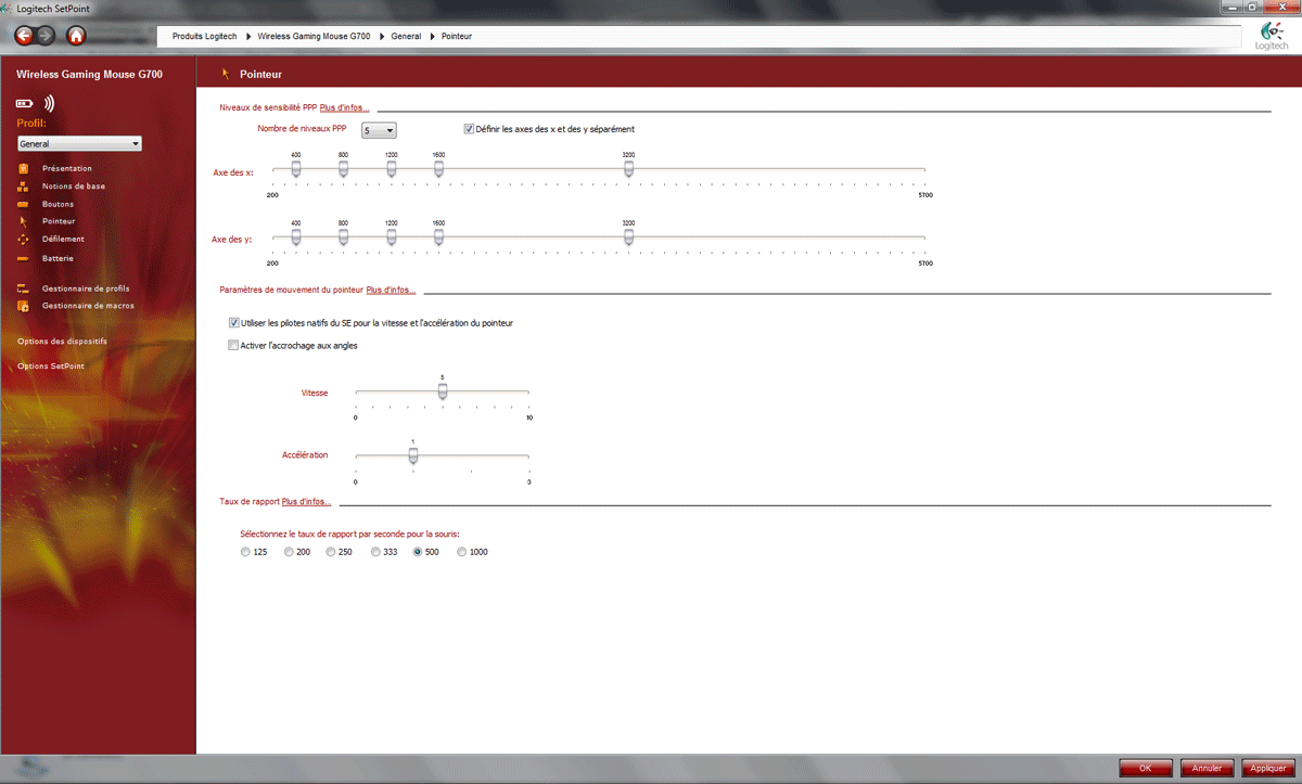 Setpoint : réglages des axes, du pointeur et du polling