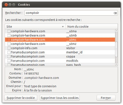 Suppresion des Cookies sur Firefox