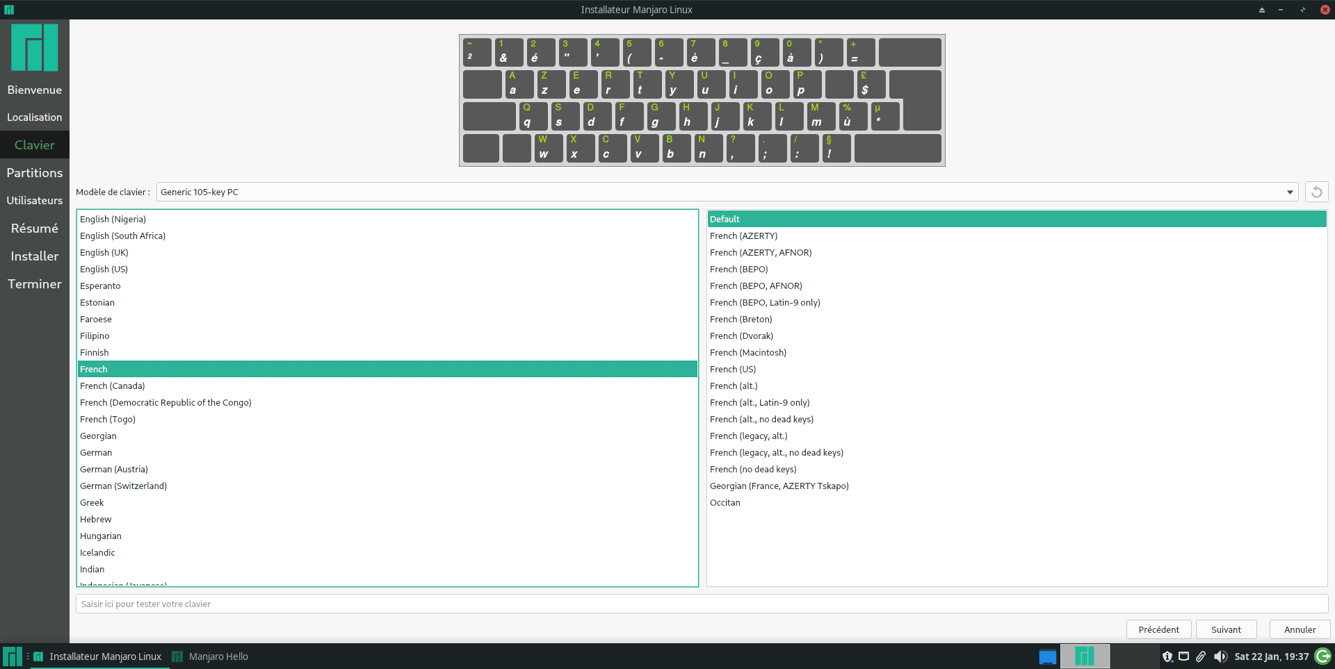 Manjaro : sélection de la disposition clavier