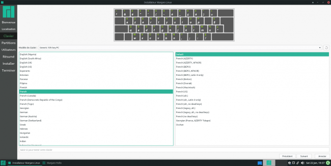 Manjaro : sélection de la disposition clavier [cliquer pour agrandir]