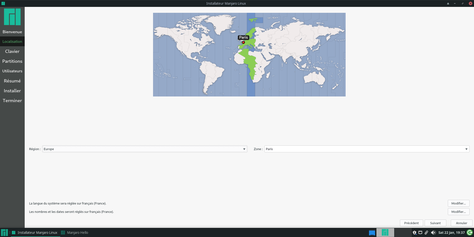 Manjaro : sélection du fuseau horaire