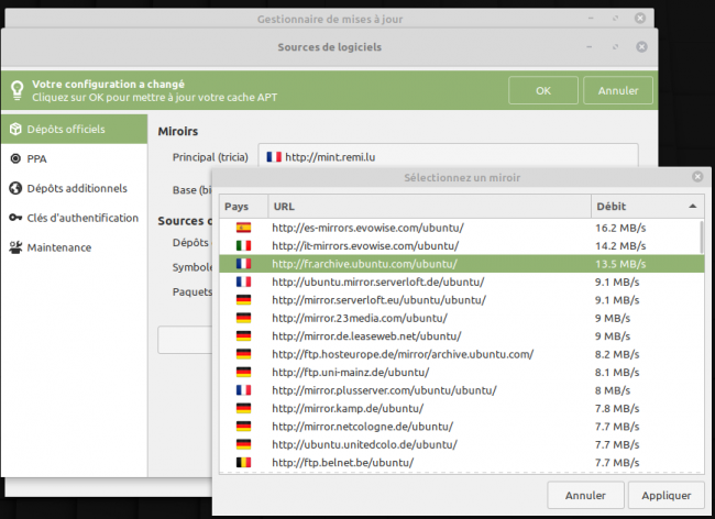 Le gestionnaire de mise à jour : choix du mirroir [cliquer pour agrandir]