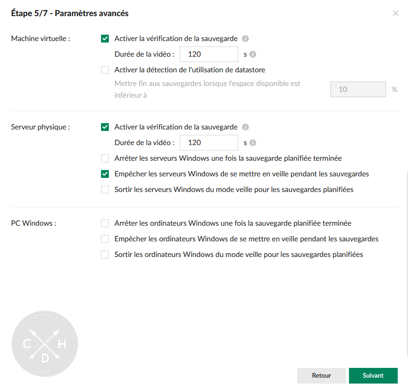 APM définition du plan de protection / paramètres avancés